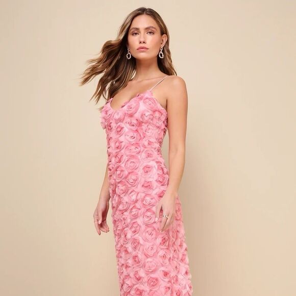 Lulus Flowering Favorite Pink 3D Floral Applique Bodycon Midi Dress Size Small - Picture 16 of 16